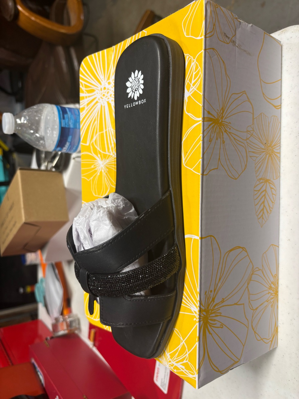 Yellow Box Black Slide Sandals with Beaded Accent